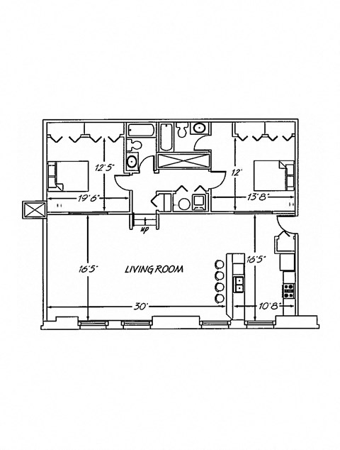 Floor plan for 2 beds, 2 baths, 1335 sqft